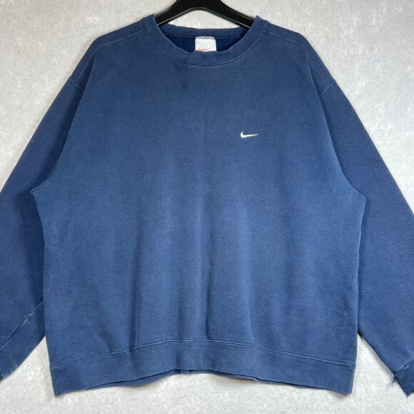VINTAGE Nike Sweatshirt Mens XL Blue Crewneck 90s Embroidered Swoosh Navy Check - Picture 2 of 13